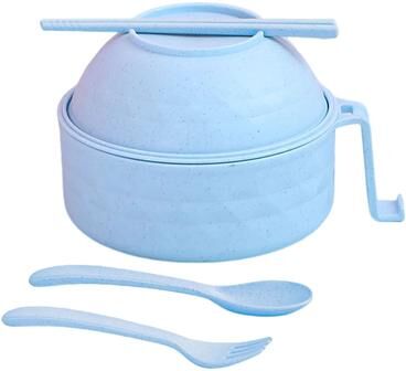 Uplifted Finds Microwave Ramen Bowl Cooker Set Wheat Straw Instant Noodle Bowl With Spoon And Chopsticks blue