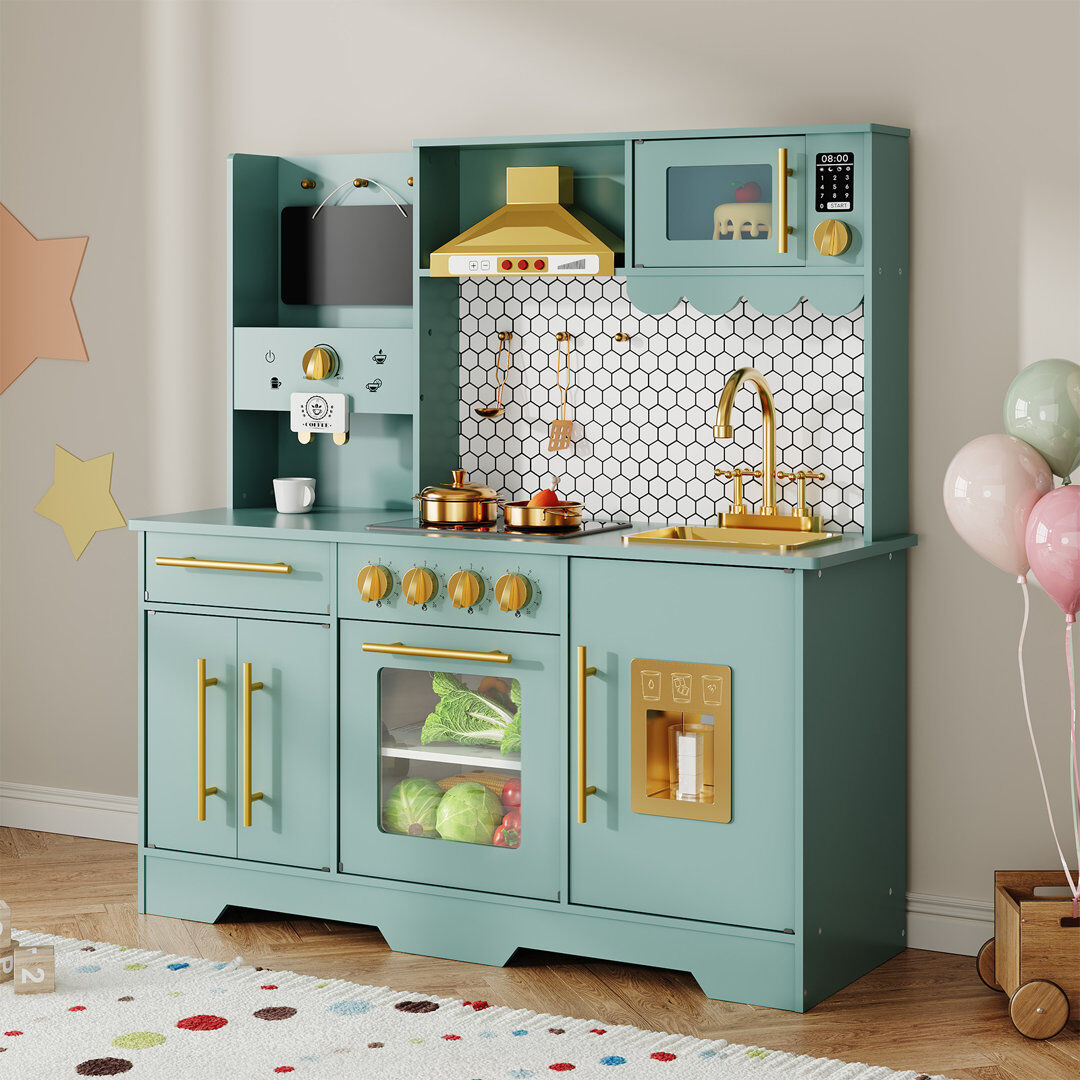 Hobbylane Large Wooden Kids Kitchen Playset 100x86x30cm   Pretend Role Play Kitchen with Realistic Oven, Microwave & Sink with Taps   Indoor/Outdoor Toy Kitchen Green 94cm H X 89cm W X 30.5cm D
