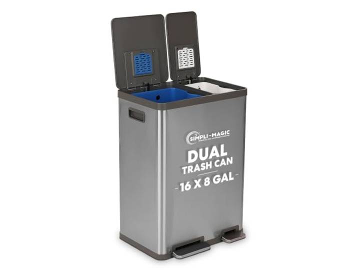 Simpli-Magic Rechteckiger Mülleimer mit zwei Fächern, 60 Liter, mit sanft schließendem Deckel, gebürsteter Edelstahl, 38 x 22 l Fassungsvermögen