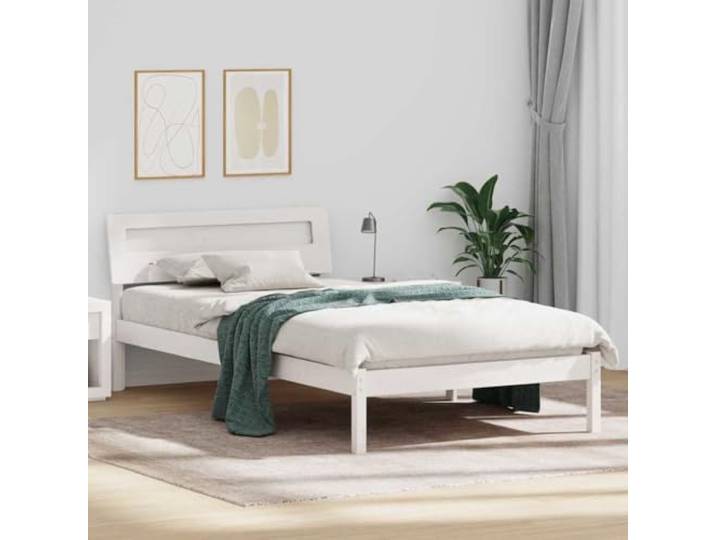 Massives Kiefernholz Plattformbettrahmen modern 90 x 200 cm Weiß Bettrahmen mit Kopfteil Weiß 90x200 cm Massives Kiefernholz Einzelbett Plattform Lattenrost USB mit Nachttischfunktion