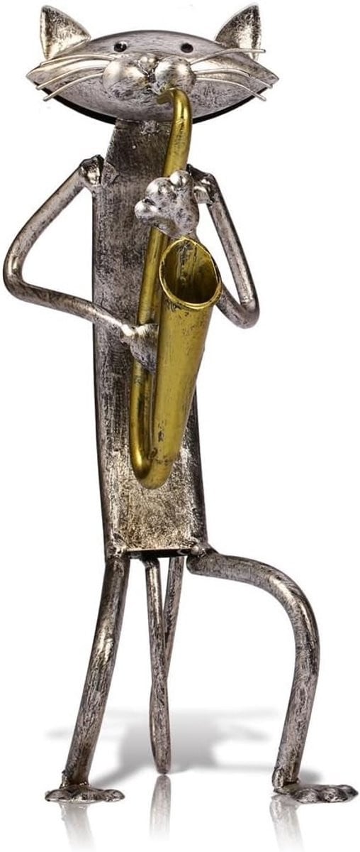 Decoratieve metalen kat sculptuur die saxofoon speelt voor huisdecoratie