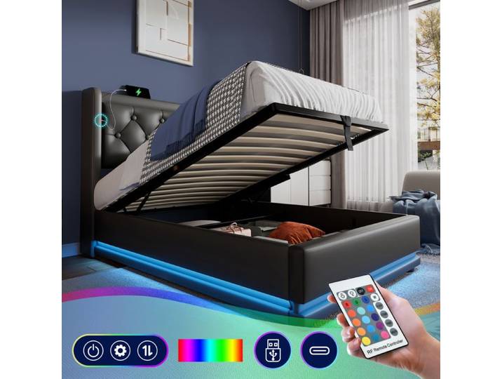 Design solide et protégé lit simple avec espaces de rangement avec éclairage led couleur noir