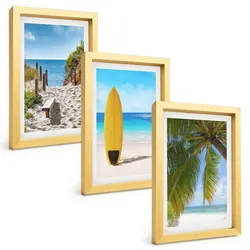 BILDER SET 3er Set - 20x30 cm Goldrahmen - Urlaubsstrände, Wellen, Palmen