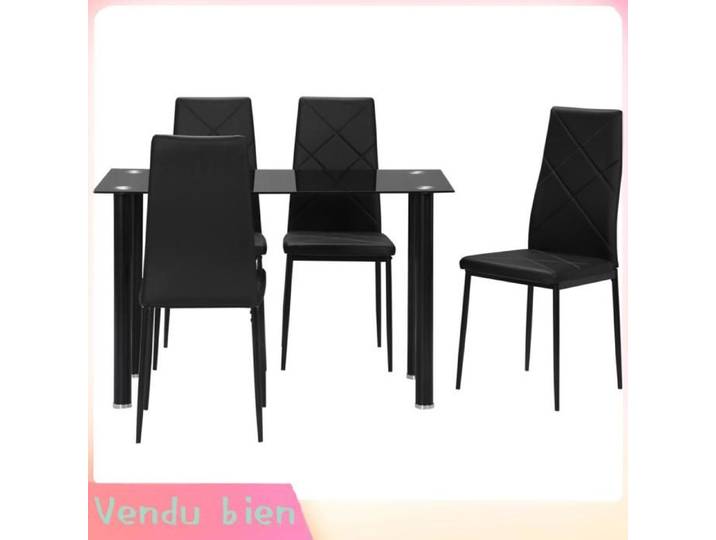LIA Ensemble table+4 chaises verre trempé acier noir