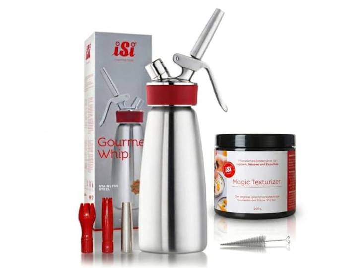 iSi Sahnespender 500ml Edelstahl – Profi Sahnesyphon für Schlagsahne & Espuma – Gourmet Whip inkl 3 Tüllen & Reinigungsbürste – Sahnesiphon Flasche + Magic Texturizer