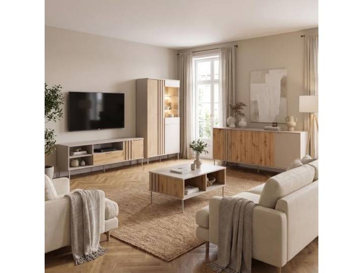 Lomadox Wohnzimmer Set in Eiche mit Beige, inkl. Vitrinenschrank mit Beleuchtung, 4-teilig -