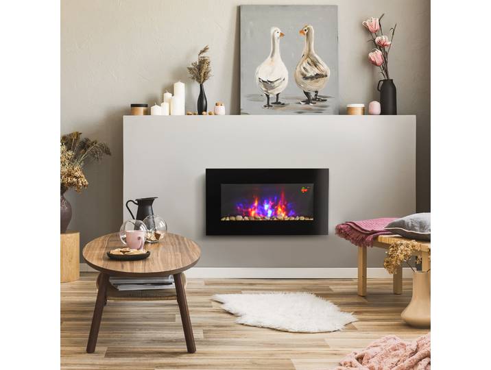 HOMCOM Cheminée électrique murale 1000/2000 W, cheminée décorative avec effet flamme 7 couleurs réglables, 72,5x11,5x40cm, noir