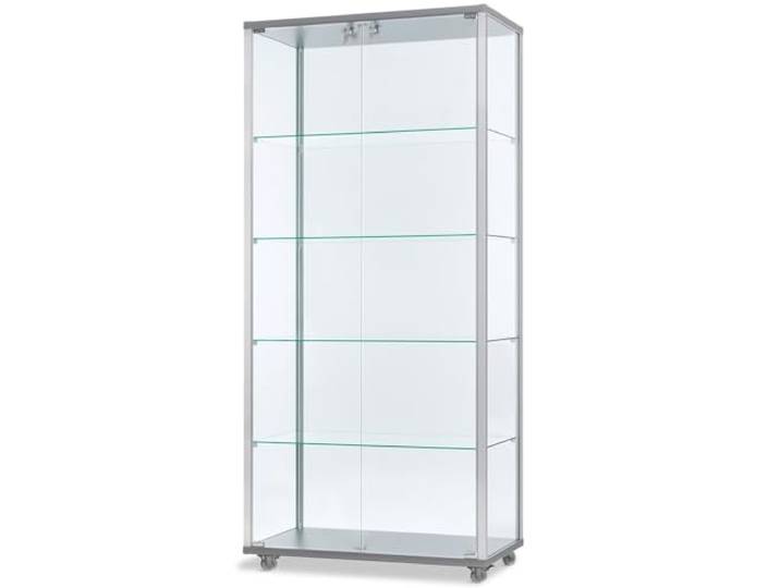 Glasvitrine mit Rollen T 41,7 x B 78,2 x H 183 cm - breite Ausstellungs-Vitrine abschließbar - großer Glas-Vitrinenschrank ohne Beleuchtung