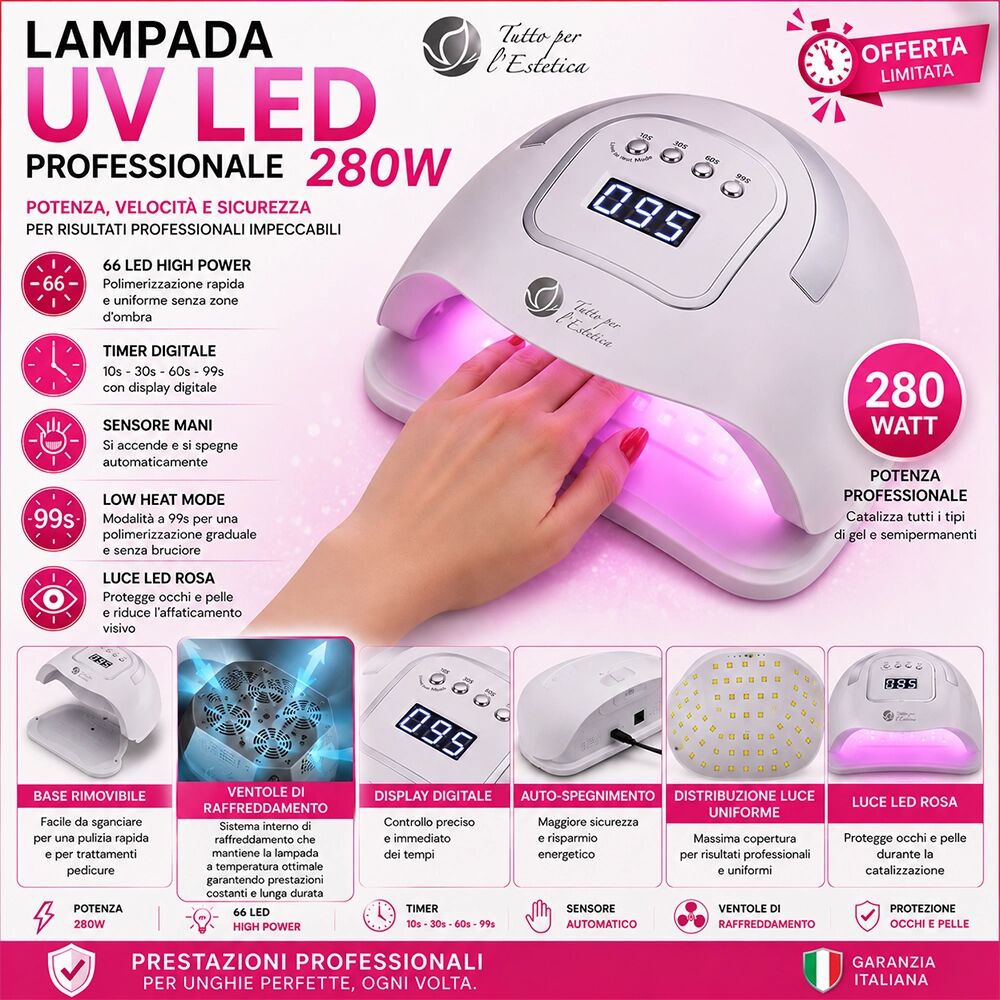 Tuttoperlestetica Lampada UV LED 280W per Estetista, Onicotecnica e Ricostruzione Unghie con Display Digitale e Luce Rosa