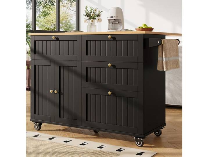 ROVRYN Îlot central de cuisine avec plateau rabattable roulettes rangement MDF métal noir aspect bois