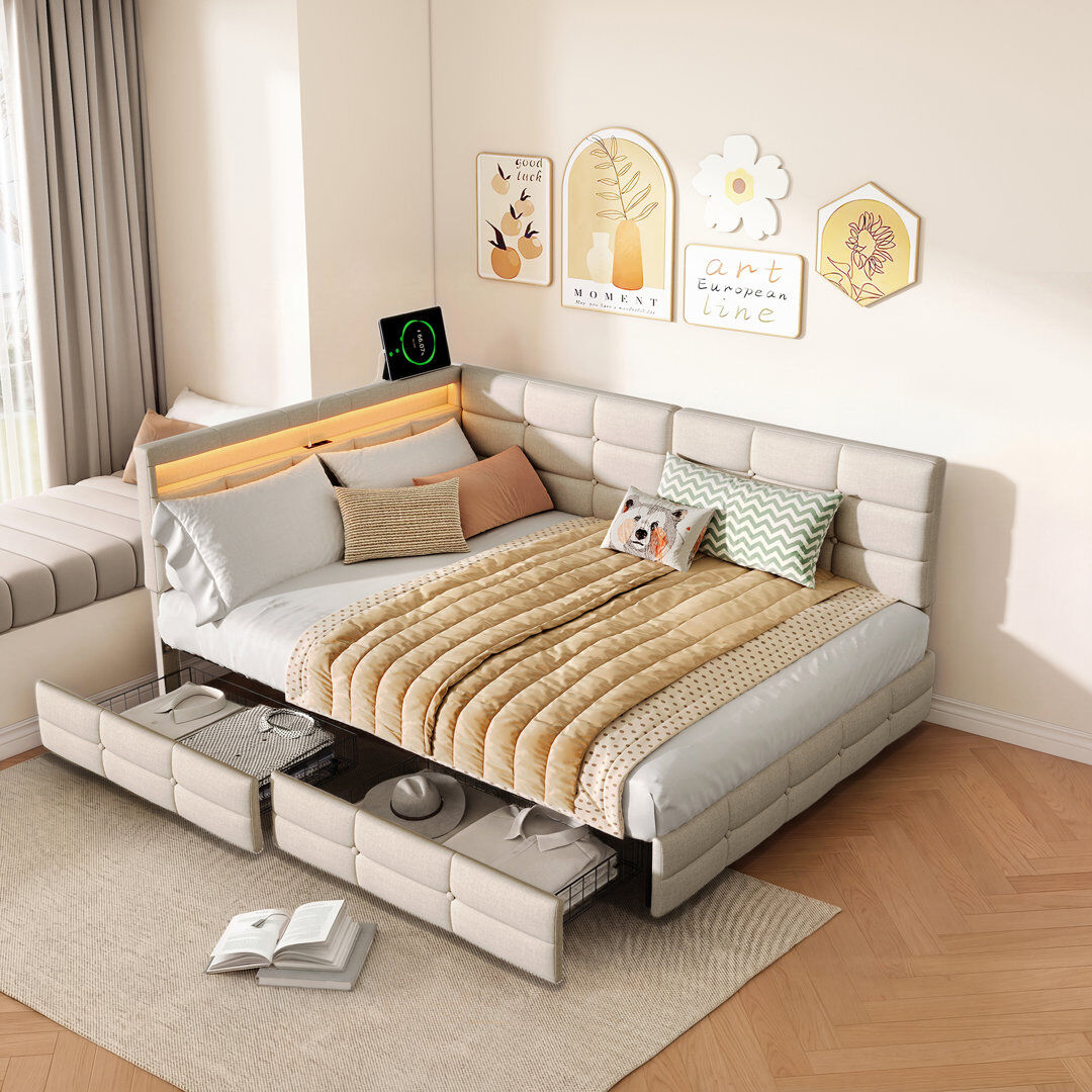 17 Stories Upholstered Daybed with Drawer Storage Beige 140 x 190 cm