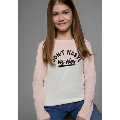 Langarmshirt KIDSWORLD "Mit Sprüche-Druck: Don´t waste my time", Mädchen, Gr. 128/134, weiß (rosa, naturweiß), Single Jersey, Obermaterial: 100% Baumwolle, bedruckt, mehrfarbig, Basic hüftlang, Rundhals, abgesteppte Kante, Shirts Langarmshirt,...
