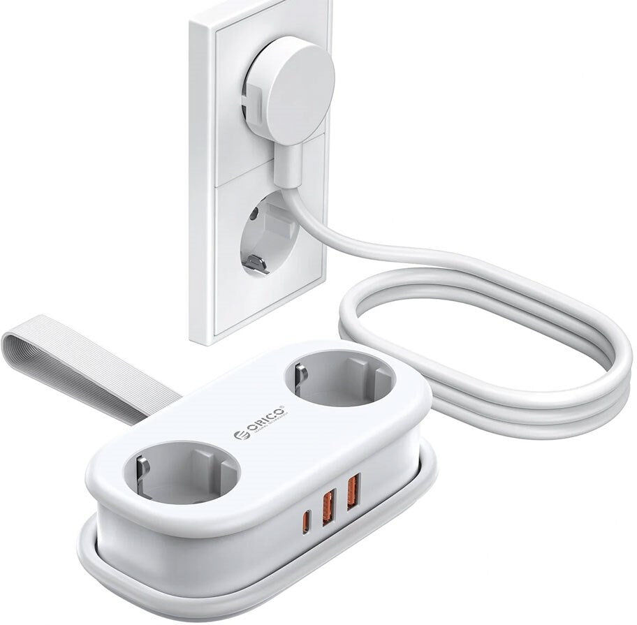 ORICO 5-i-1 Strømskinne m. 20W - 2 x Schuko - 2 x USB-A - 1 x USB-C - Hvid