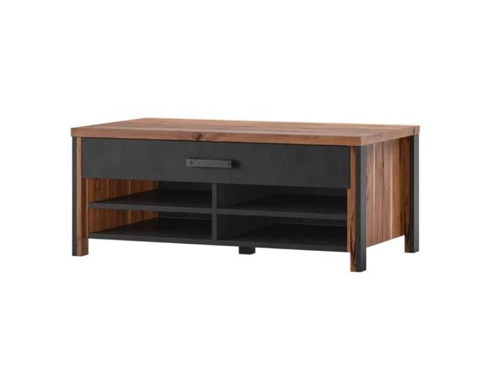 Table basse design collection WINDSOR avec tiroir et niches. Coloris chêne foncé et gris anthracite. 60 Marron