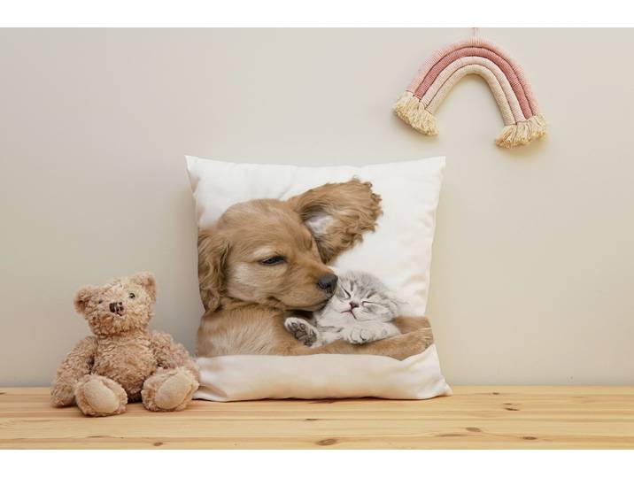 Dekokissen QUEENCE Welpe mit Katze , weiss (weiß, bedruckt), B:40cm H:1cm L:40cm, Polyester, Dekokissen_Sitzkissen_Kissenhüllen, Dekokissen, Kissenhülle mit HD Premium Druck, geruchsneutral, 40x40cm