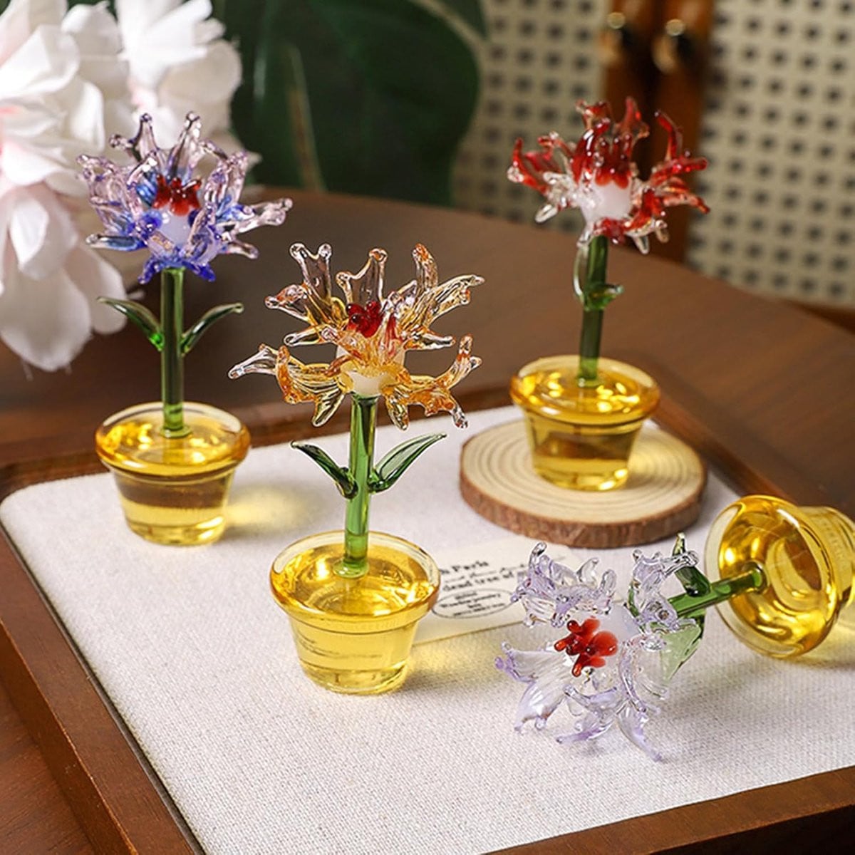 Handgeblazen Glazen Bloemen Beeldjes - Decoratieve Mini Potbloem Ornamenten voor op Tafel