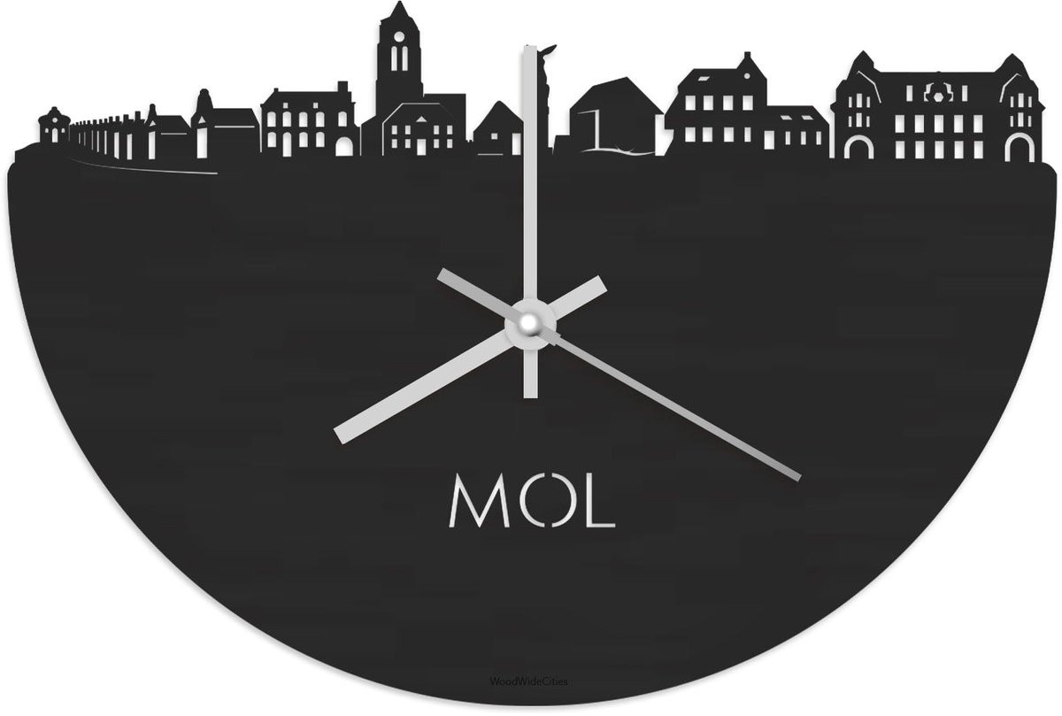 WoodWideCities Skyline Klok Mol Zwart Hout - Ø 40 cm - Analoge Wandklok met Stil Uurwerk