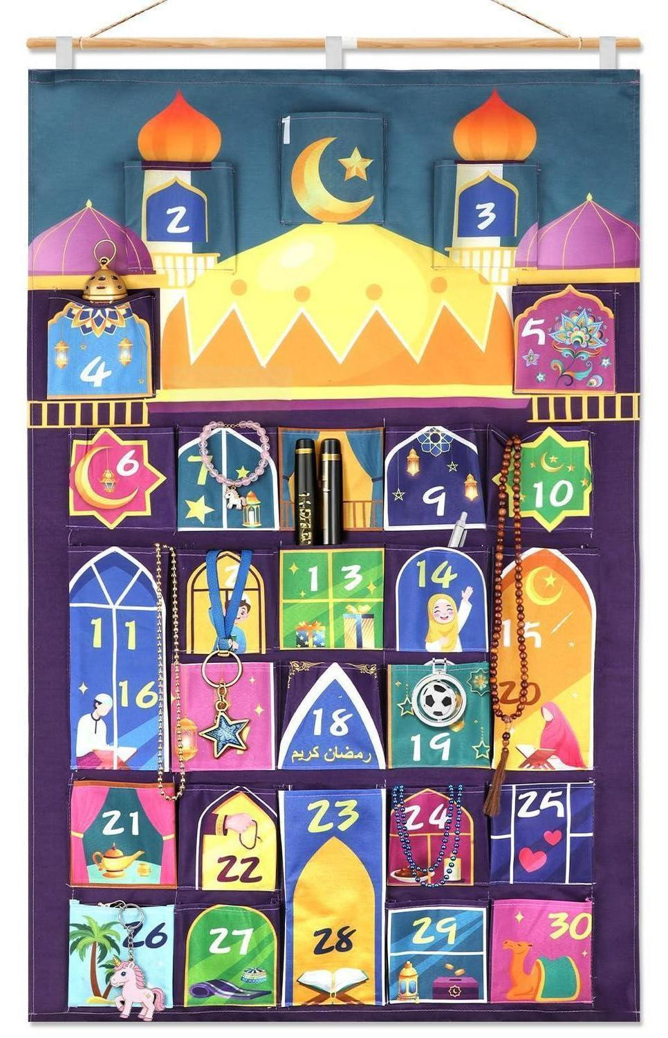 DPKOW Ramadan-kalender met moskee-design, herbruikbare stoffen adventkalender voor 30 dagen, 110 x 70 cm