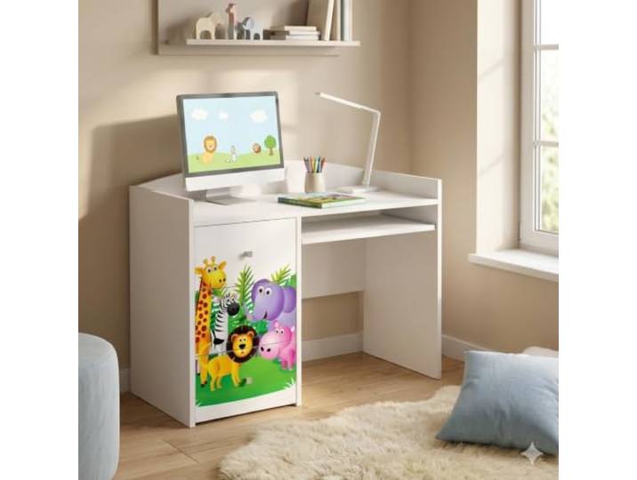 Happy Babies Weißer Kinderschreibtisch mit Schublade und Schrankfach, Schülerschreibtisch für Jungen & Mädchen, PC-Tisch Lerntisch mit Motiv (Nr 53)