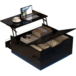 Quadratischer Couchtisch 70x70x38 cm, Hubtisch, LED-Beleuchtung, Acryl-Perspektivbereich, Schublade, versteckter Stauraum, Schwarz