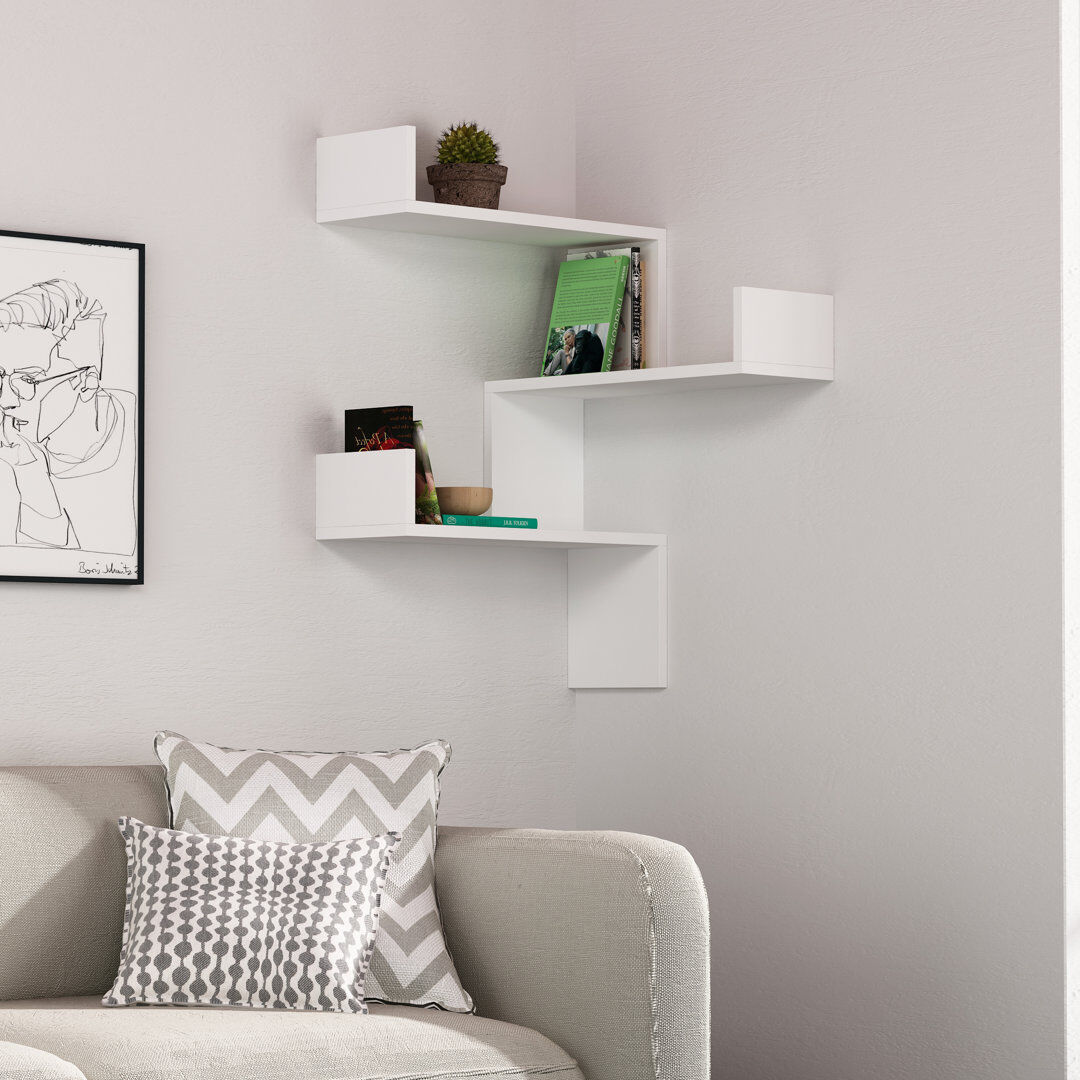 Hashtag Home Luci 3 Piece Corner Wall Mounted Floating Shelf Modern Space-Saving Design White 35.43cm H X 35.43cm W X 8.66cm D