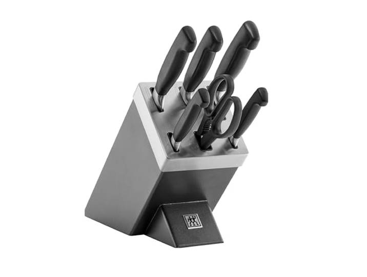 ZWILLING Vier Sterne Selbstschärfender Messerblock, Made in Germany 7-teilig: 5 Messer, 1 Küchenschere, 1 Holzblock; Rostfreier Spezialstahl, Schwarz