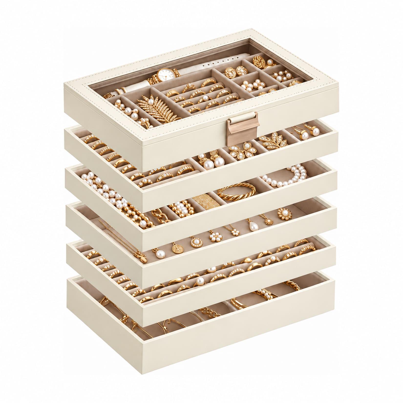 Karat Schmuckkästchen Liana Schmuckbox mit Glasdeckel & herausnehmbaren Ebenen Cremeweiß