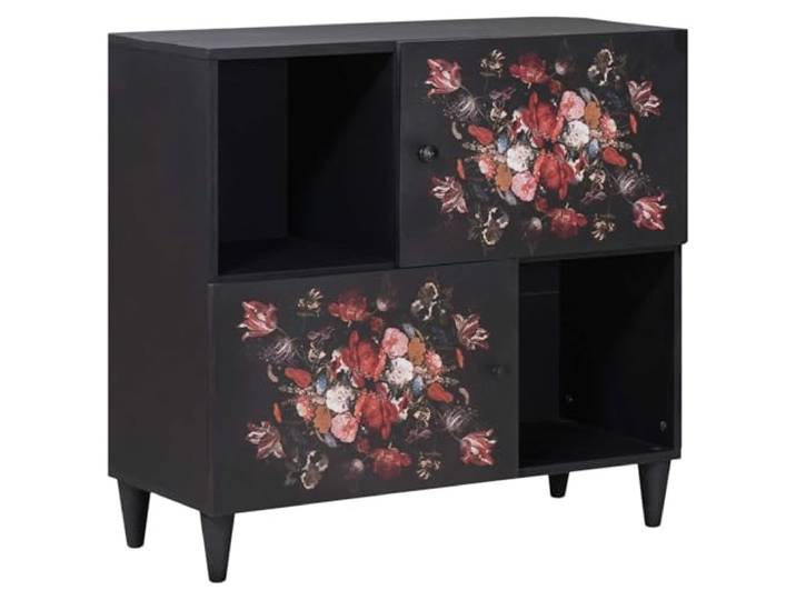 Xolmizyn Mediaschrank aus Mangoholz, Buntes Sideboard mit 2 Türen Florales Muster, Messingknöpfe, Massivholz-Konstruktion, Stabiler Stauraum