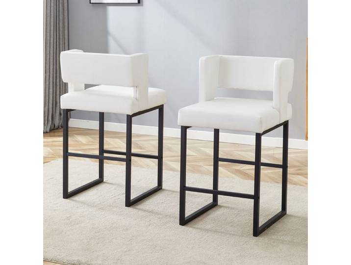 Chaises de bar - Lot de 2 - Design carré - Pieds métal noir - Cuir PU blanc