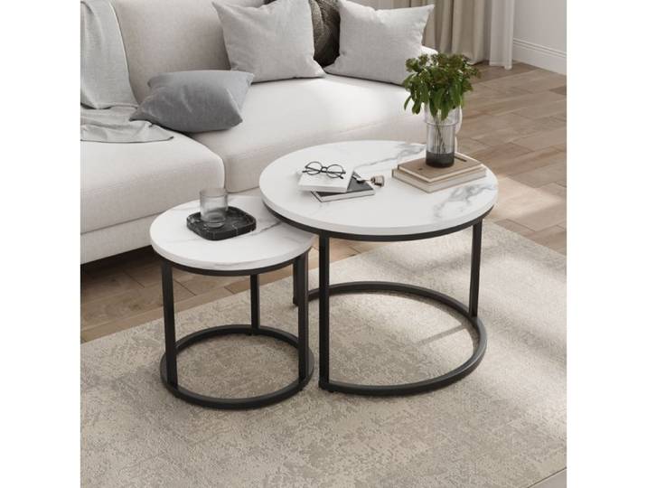 Table basse imbriquée blanc table basse moderne Lot de 2 table basse ronde table d'appoint gigogne pour salon chambre balcon