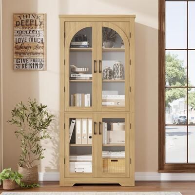 Garvee "70"" Kitchen Pantry Storage Cabinet - Modern Display Pantry Storage with 4 Arched Glass Doors"