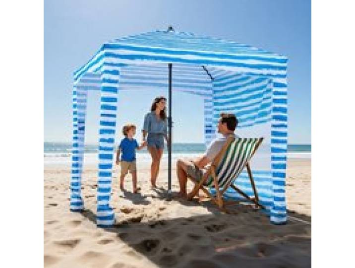 VEVOR Strand-Cabana 183 x183 cm Strandüberdachung mit Seitenwand, UPF 50+ Sonnenschutz, Strandpavillon mit Sandsäcken, tragbarer Sonnenschutz Sonnenschirm für Familie Freunde Blaue Streifen