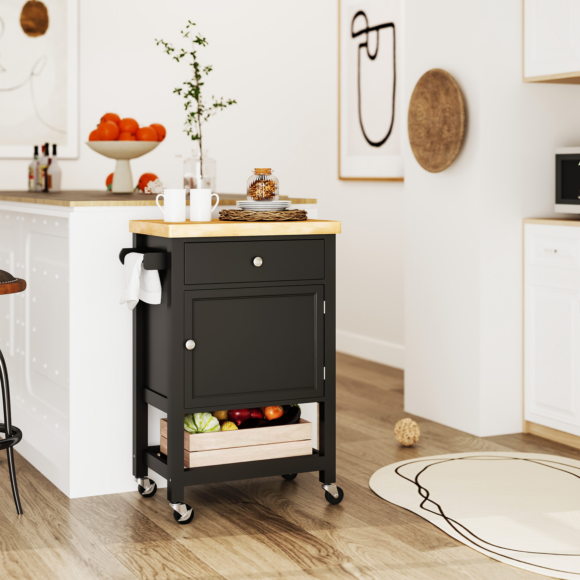 Homcom Carrello da Cucina su Ruote, Carrello di Servizio con Piano in Legno di Hévéa e Cassetto, 63,5x40x90 cm, Nero   Aosom Italy