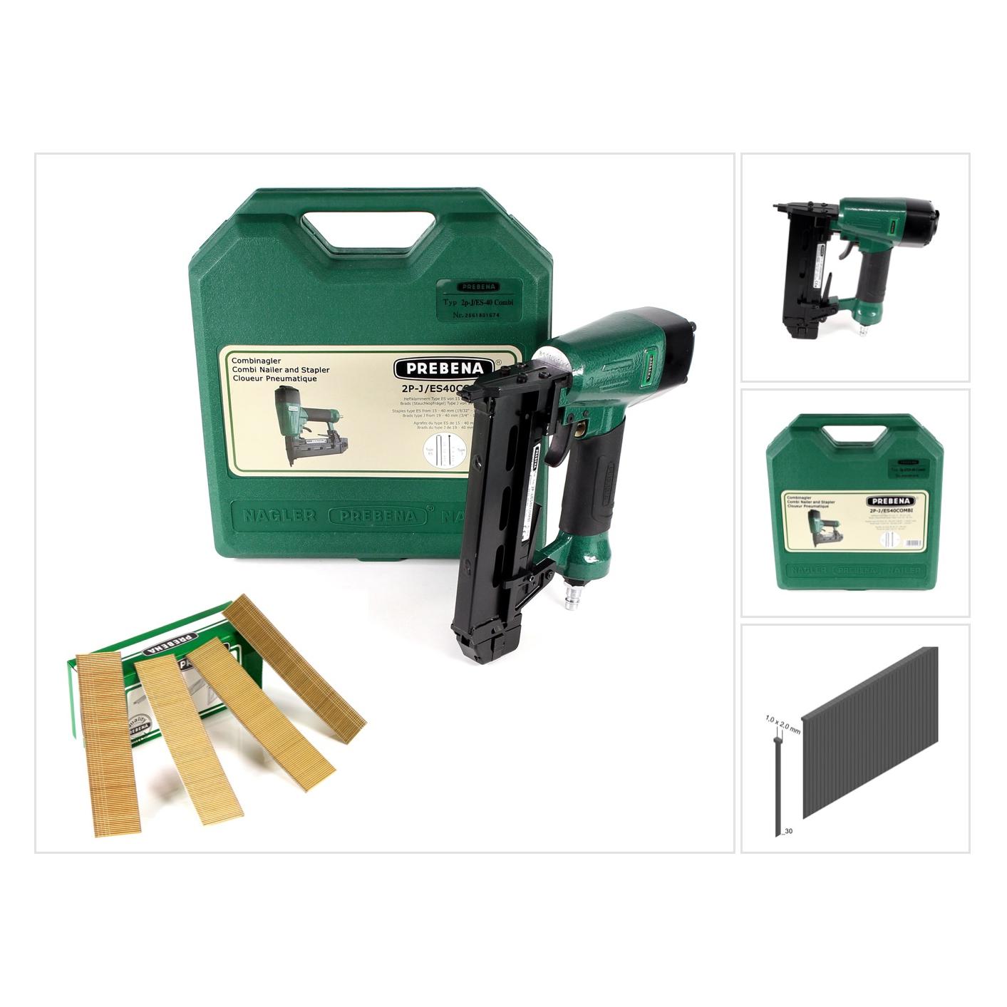 Prebena Druckluftnagler 2P-J/ES 40 COMBI 5 bis 7 Bar - im Transportkoffer + J 30 CNKHA Stauc (2P-J/ES40COMBI)
