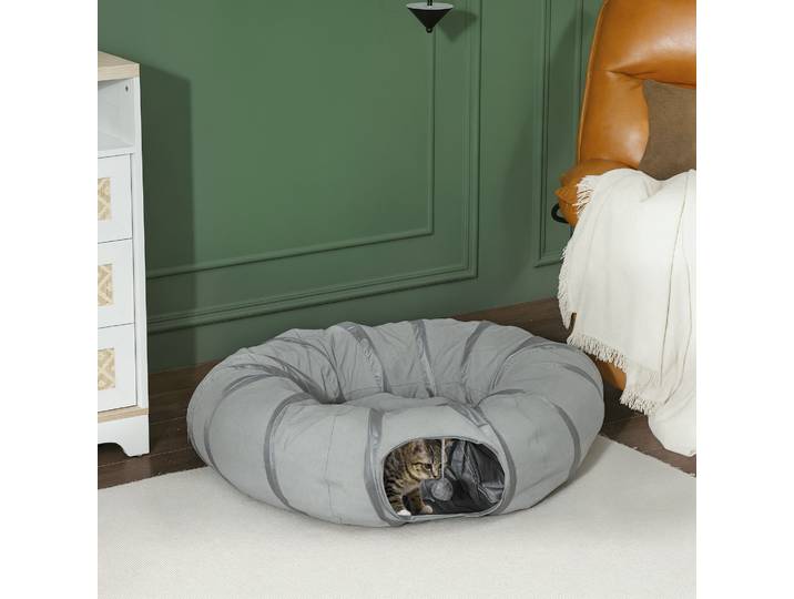 PawHut Tunnel Chat Rond Pliable avec Lit et Coussin Gris