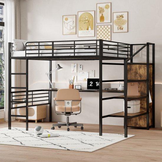 Bettgestell, 140*200cm, ohne Matratze, Schreibtisch, offene Kleiderschrank, Aufstiegsstufe für Aufbewahrung, stählernes Rahmen, schwarz