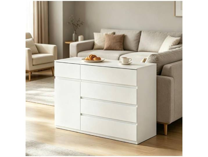 Buffet de Cuisine 1 Porte 5 Tiroirs et Étagère Réglable - MEUNIQ - Blanc pour Cuisine Chambre ou Entrée 100×40×80 cm