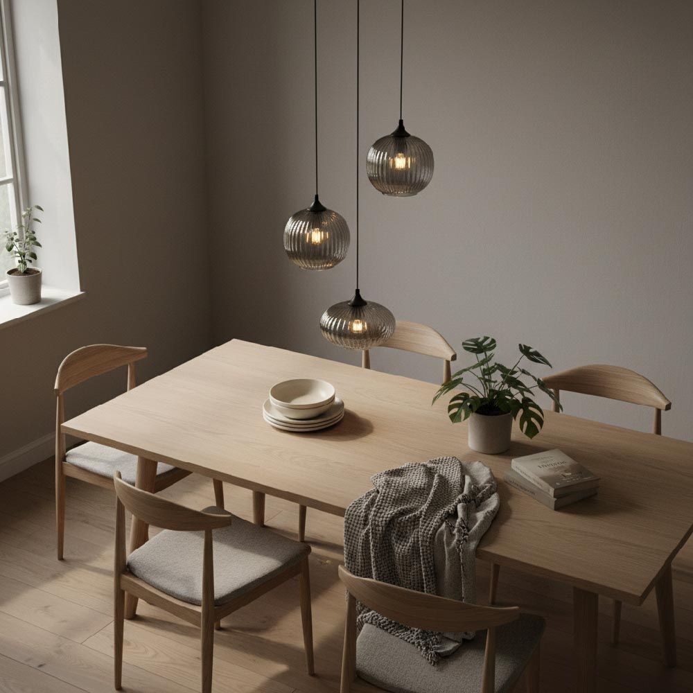 LUSENZ Hängelampe Virello misto vetro fumé IIl – Drei Kugeln aus geriffeltem Rauchglas in verschiedenen Formen, die einen verspielten Effekt erzeugen – Ohne Lichtquelle