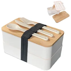 Intirilife Lunch Box Bento Box mit 3 Fächern und Besteck in Weiß - 18.5. x 10.5 x 9.3 cm - Brotdose mit Messer Gabel und Löffel
