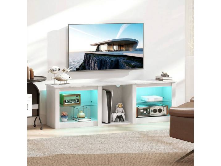 HOMCOM Meuble TV 160cm LED Blanc avec Étagères Verre Réglables