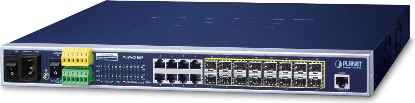 Planet MGSW-24160F Managed L2+ Gigabit Ethernet Network Switch met PoE, 1U, Blauw