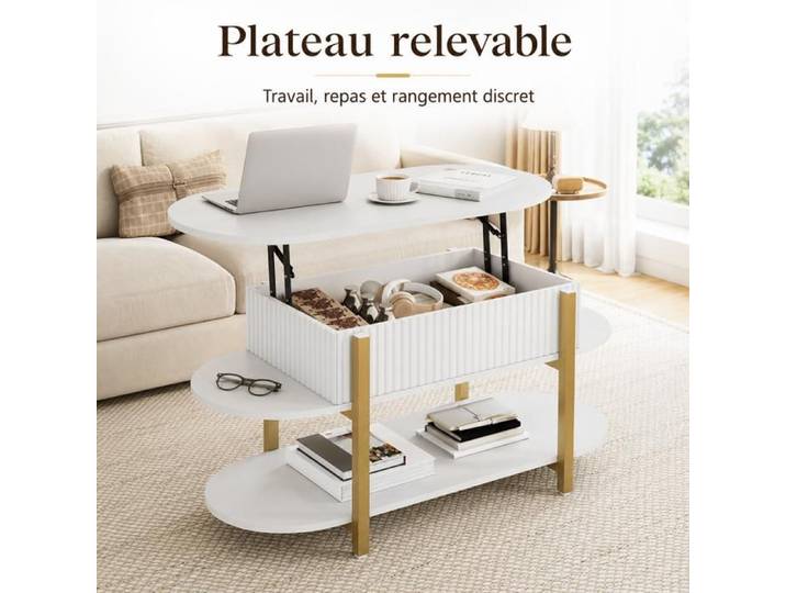 Table basse relevable EZSSW rangement plateau relevable hydraulique compartiment central étagères ouvertes blanc