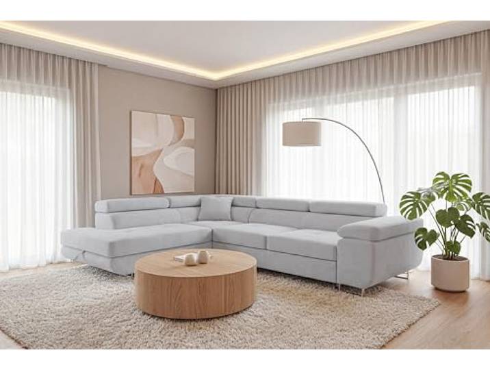 SOFILAND Ecksofa Luca L-Form mit Schlaffunktion und Bettkasten, wasserabweisender Velour, haustierfreundlich (Hellgrau, Links)