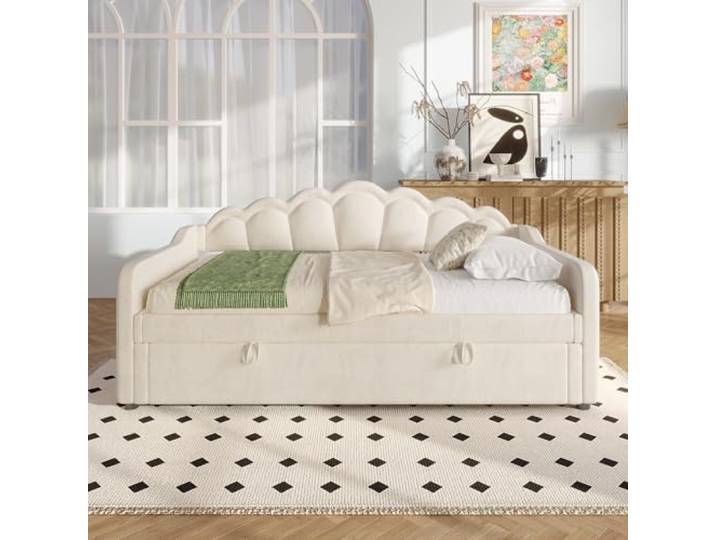 Merax Tagesbett 90x200 cm mit Hydraulischem Stauraum, Schlafsofa mit Farbwechselbarem LED-Streifen, Samt Bettrahmen mit Lattenrost (ohne Matratze), Beige