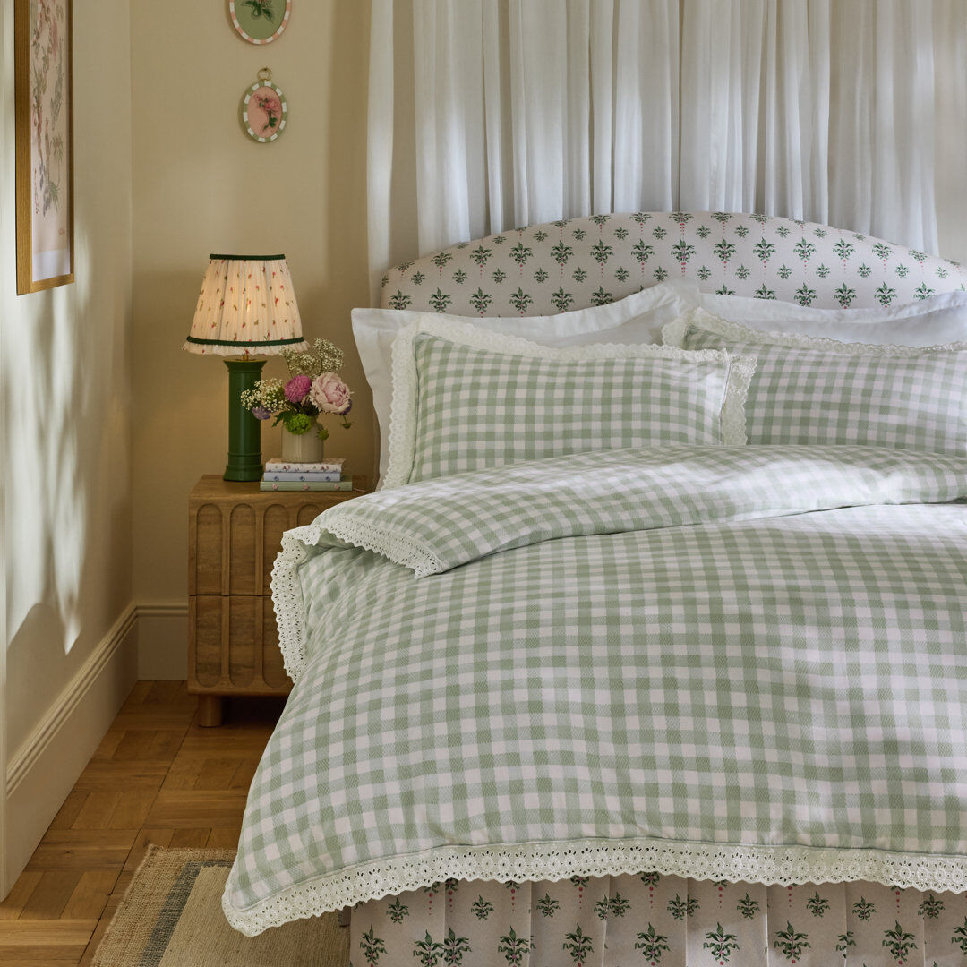 Cath Kidston Painted Gingham Lace Reversible Cotton Duvet Cover Set Green Super King