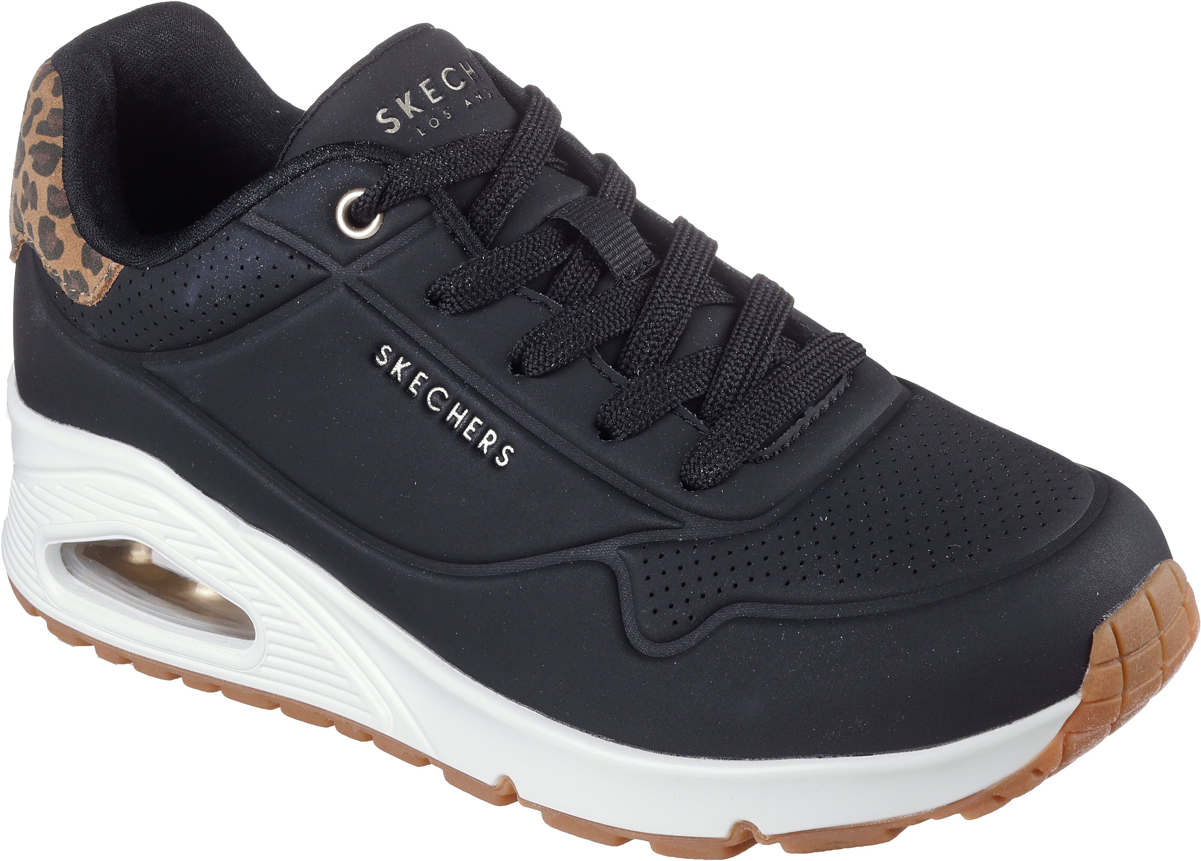 Sneaker SKECHERS "UNO-JUNGLE NITE", Damen, Gr. 42, Textil, schwarz (schwarz, leo), Lederimitat, Schuhe Sneaker, Schnürschuh, Freizeitschuh mit Wedge-Absatz