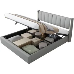 OKWISH Multifunktionsbett 140x200 mit USB, LED-Beleuchtung, verstellbarem Kopfteil und wasserdichtem Material mit intelligenter Steuerung Grau