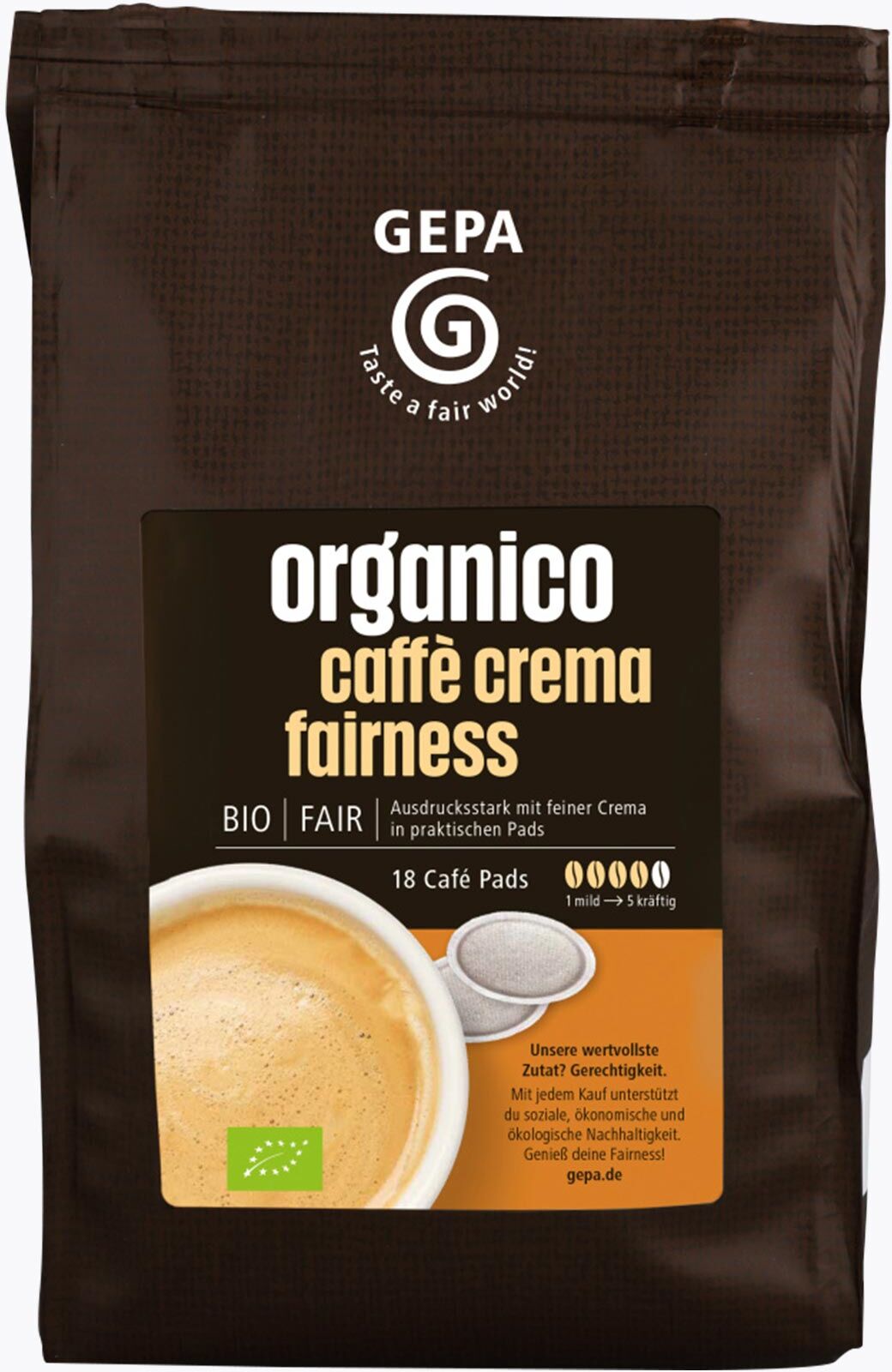 GEPA Organic Crema Pads 18 stuks   Bolivia, Peru, Nicaragua, Tanzania   85 % Arabica en 15 % Robusta mix voor Senseo machines   Biologisch