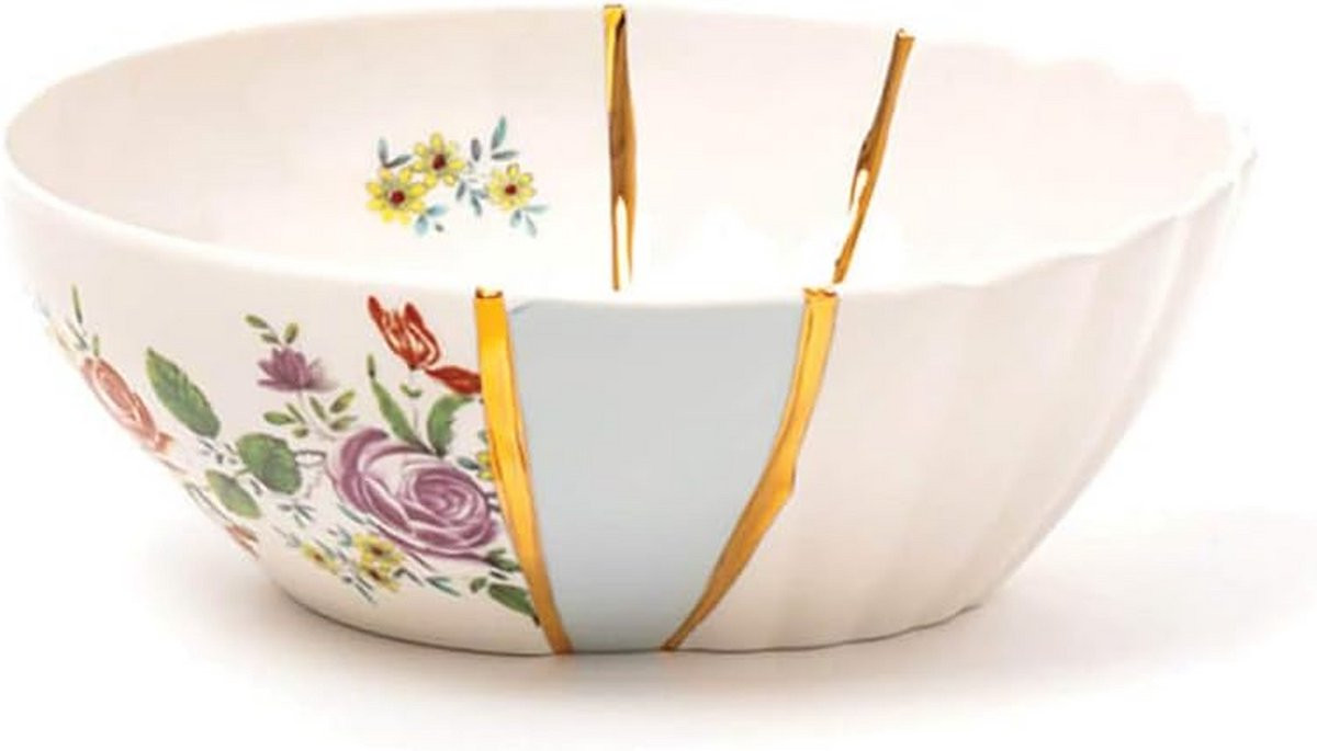 Wit en gouden porseleinen dessertkom met Kintsugi inspiratie, diameter: 19 cm