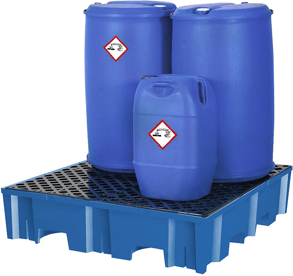 PE-Auffangwanne für 4 x 200-l-Fässer, LxB 1235 x 1235 mm, Auffangvolumen 255 l, mit PE-Rost asecos